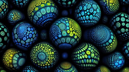 Colorful abstract spheres with intricate patterns in a dark background.