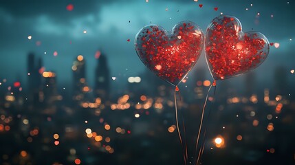 Obraz premium Transparent heart balloons with red confetti inside, floating over a sparkling city skyline at night
