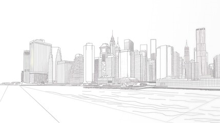 Minimalist black and white line drawing of a city skyline, showcasing iconic buildings and structures in a clean, artistic style for a modern backdrop