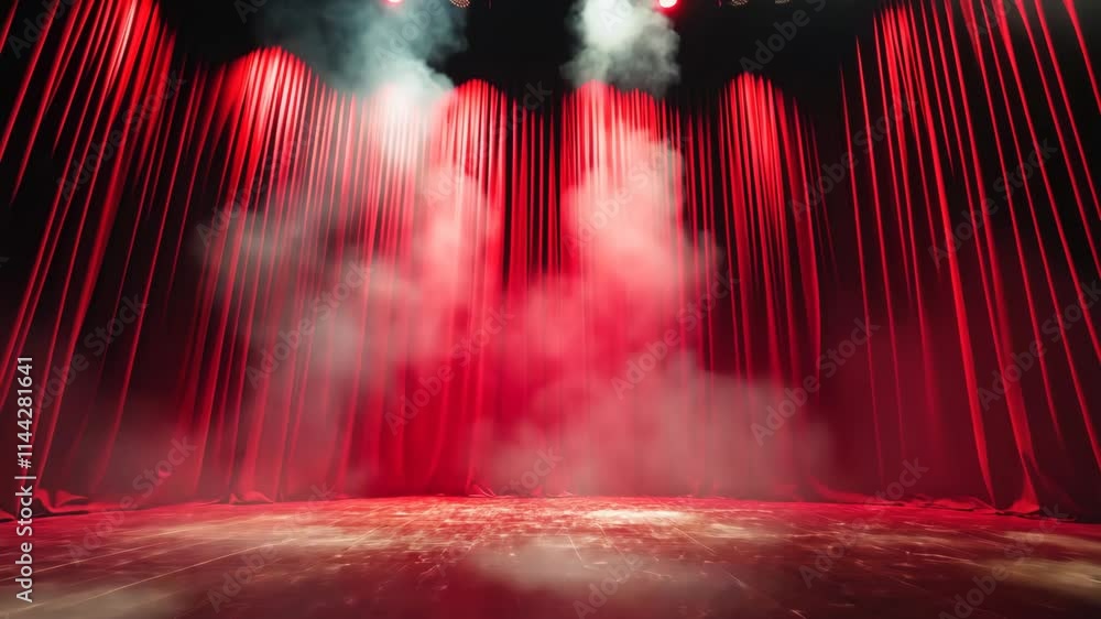 Aufkleber dramatic red stage curtains create an enchanting atmosphere for an upcoming performance in a theater