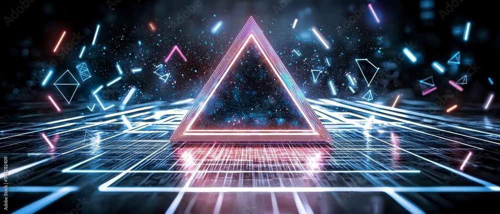 Poster dynamic neon triangles illuminate a futuristic digital landscape high-tech environment abstract art