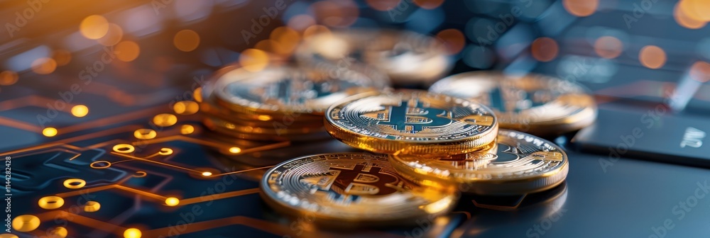 Poster a close-up of shiny golden bitcoins resting on a circuit board, symbolizing the intersection of cryp