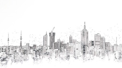 Minimalist black and white line drawing of a city skyline, showcasing iconic buildings and structures in a clean, artistic style for a modern backdrop