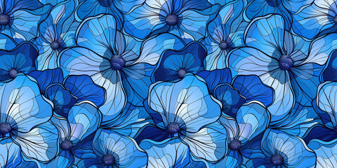 Seamless pattern with blue flowers, repeat floral background with watercolor illustrations.