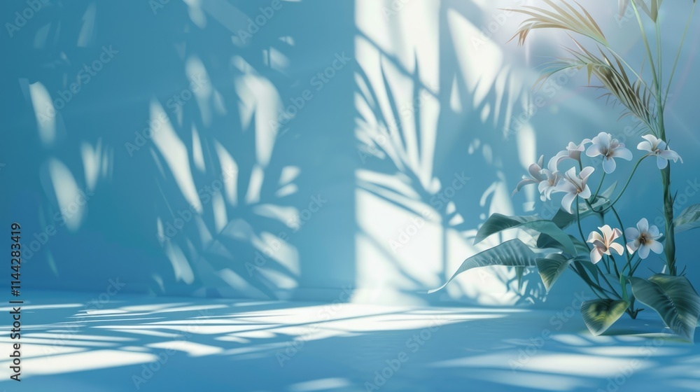 Poster blue gradient studio background with window shadows and palm leaves.