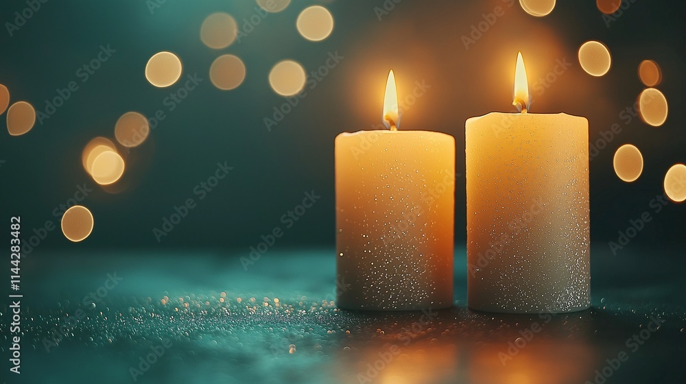 Poster two glowing candles burning gently in the dark, surrounded by soft bokeh lights, creating a warm and