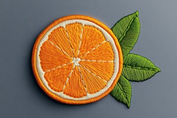 Detailed embroidered orange slice with leaves on gray background