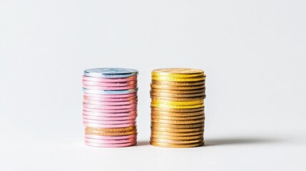 Two stacks of coins, one pink and one gold, on white background.