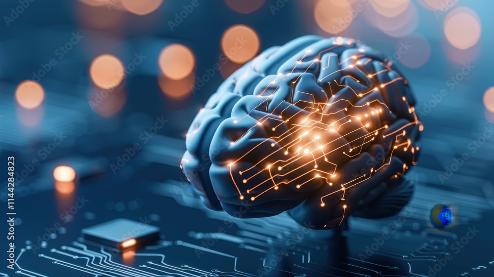 Poster a digitally rendered brain with glowing circuits, symbolizing the fusion of technology and human int