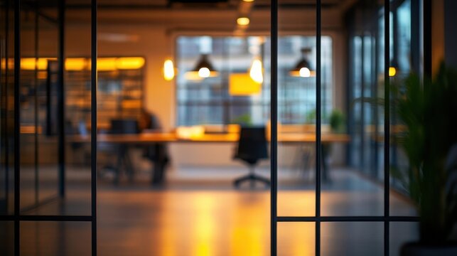 Modern office interior with blurred background showing workspace during daytime, office out of focus