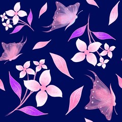 Pink flowers and butterflies seamless repeating pattern. Floral pattern. 