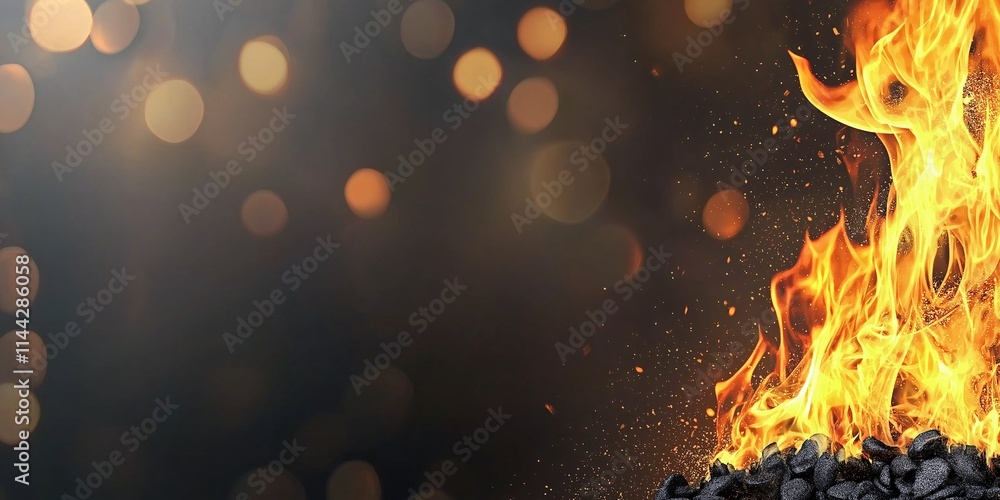 Poster vibrant flames erupting from a pile of coal against a dark background with glowing sparks and soft b