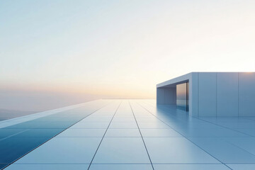 Obraz premium Modern rooftop architecture with glass walls overlooking a scenic landscape at sunset.