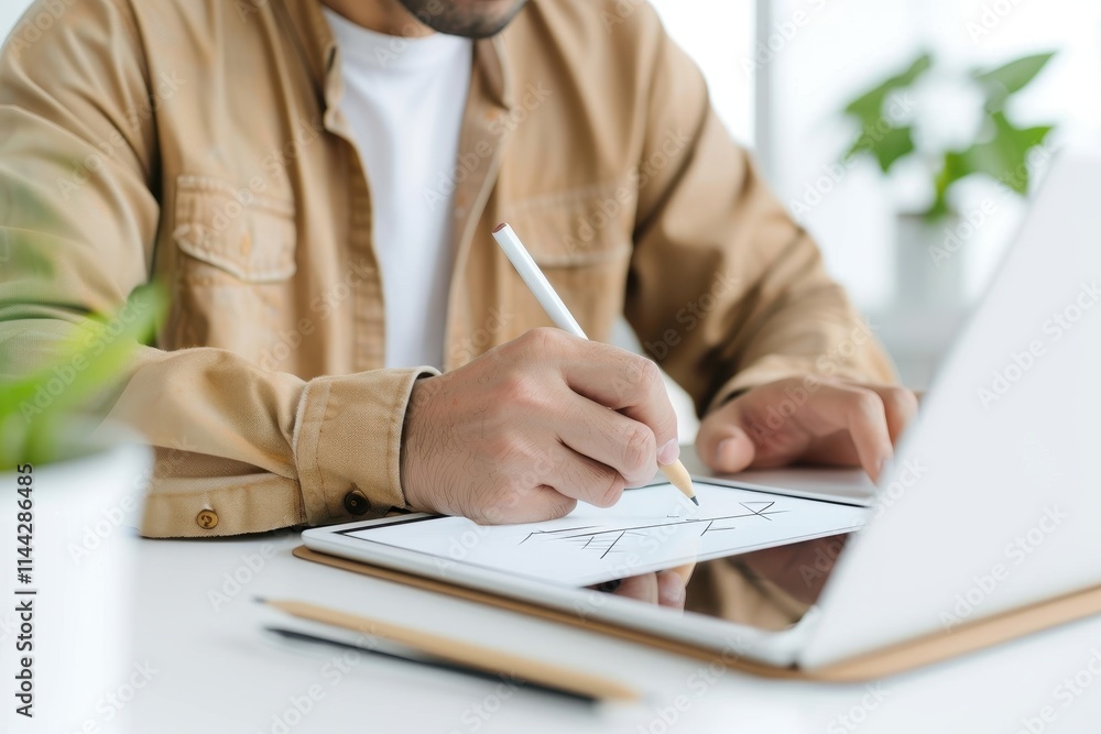 Poster a person is sketching or designing on a digital tablet while seated at a desk with plants and a lapt