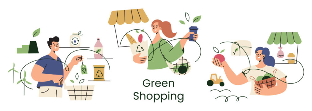 Set of vector illustrations, green shopping collection, people with eco products at local markets and supermarkets. Reusable bags, fresh organic fruits, and vegetables in flat cartoon style