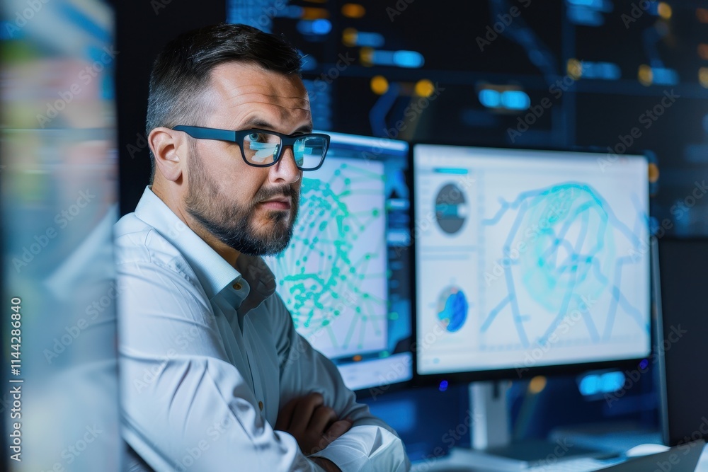 Poster a focused professional analyzes data on multiple screens in a modern tech environment, showcasing a 
