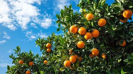 A lush orange tree full of ripe oranges, captured under a bright blue sky
