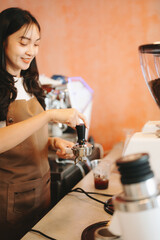 Startup successful small business owner sme woman stand with tablet  in cafe