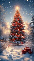 Festive Christmas Tree with Red Ornaments and Snowy Night Sky