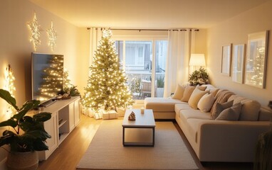 Modern townhouse living room with a unique asymmetrical Christmas tree, glowing fairy lights, and neutral furniture