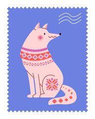 Forest predatory animal wolf in frame on postage stamp in northern winter folklore style with scandinavian knitted pattern. Vector illustration for postcard, sticker, gift wrapping decor.