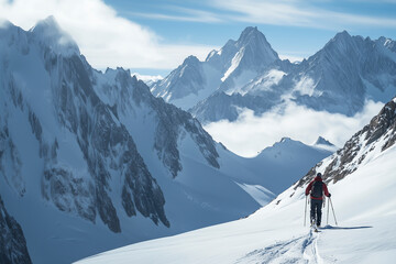 Man with cross-country skis in the snow.