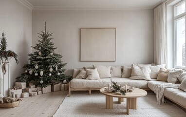 Scandinavian-inspired living room with light wooden floors, a snowy Christmas tree, and soft beige and white textiles