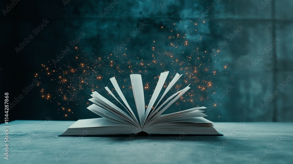 Poster An Enchanting Open Book with Abstract Pages and Sparkling Highlights Illustrating the Power of Imagination and Knowledge in a Mystical Setting