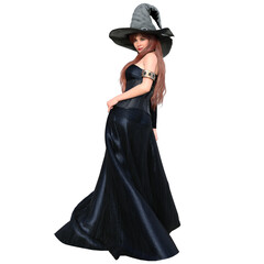 3d rendered fantasy female character with a long black dress and a corset isolated on transparent background