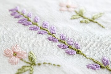 Close-up of delicate floral embroidery on light beige linen.