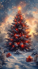  Festive Christmas Tree with Red Ornaments and Snowy Night Sky