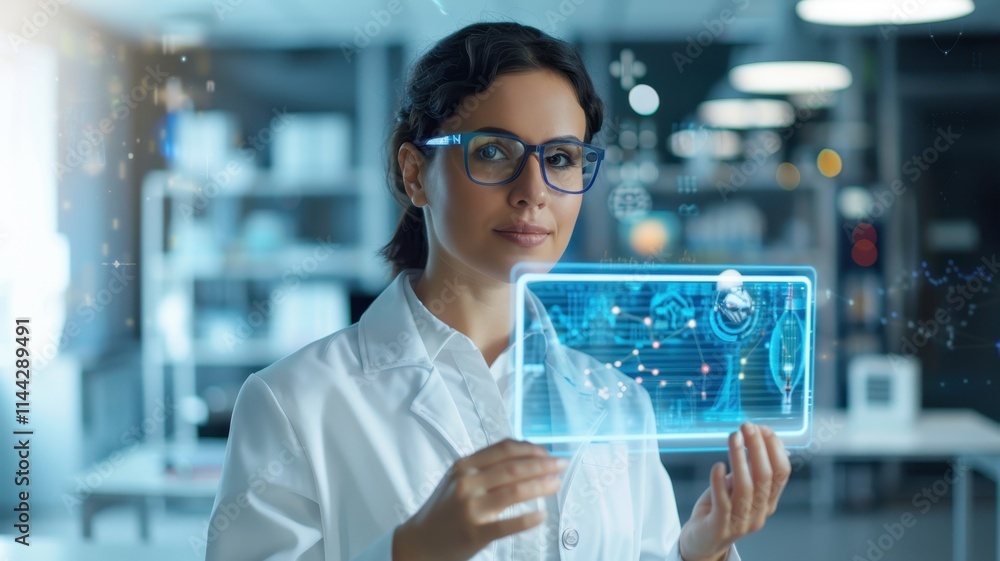 Poster a female scientist in a lab coat interacts with a holographic display, showcasing advanced technolog