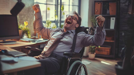 Fototapeta premium Excited professional celebrating success in a wheelchair