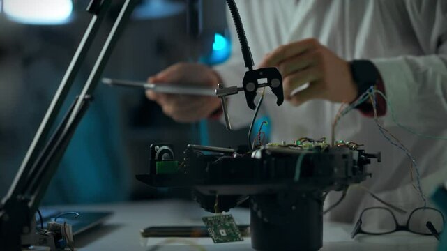 An engineer in a lab coat carefully assembles robotic parts using precision tools in a well-lit laboratory. The atmosphere is focused and technical, with glowing screens nearby