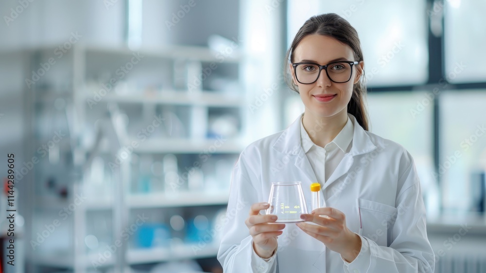 Poster a smiling scientist in a lab coat holds a small container, surrounded by laboratory equipment in a b