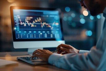 A person analyzes financial data on a computer screen, displaying graphs and charts in a dimly lit environment.