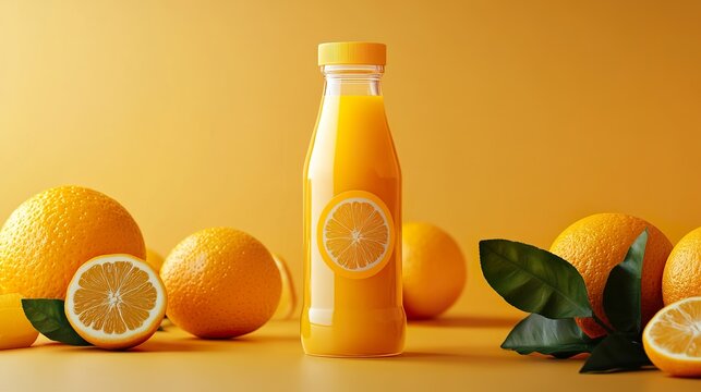 A modern orange juice bottle with a sleek label design emphasizing freshness