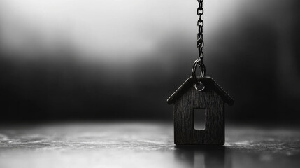 Wooden house keychain with silver keys on table