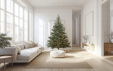 Fototapeta premium A bright and simple living space with a green Christmas tree, light wooden flooring, and soft neutral furnishings