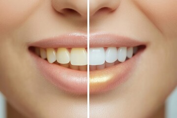 Close-up comparison of a woman's teeth, showcasing a dramatic whitening transformation.