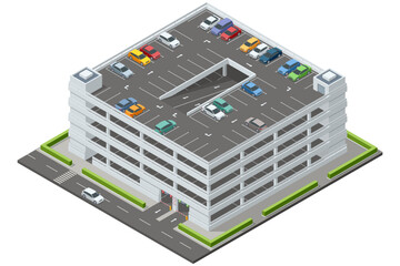 Isometric multi-level parking garage filled with various colored cars. The detailed building has ramps, parking spots, and surrounding greenery © Golden Sikorka