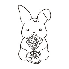 Happy Valentine's Day outline hand drawn illustration with cute chubby bunny sitting with a heart-shaped gift box and a bouquet of flowers. Cartoon doodle art with little kawaii rabbit