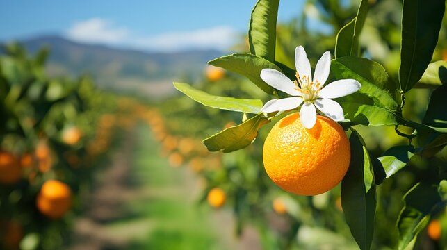 A single orange blossom in focus, with a blurred background of an orchard