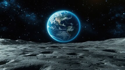 Earthrise over the moon's cratered surface.