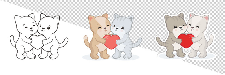 Valentine's day set of hand drawn cartoon, outline illustration and sticker with two cute puffy kittens holding a big hear together. Minimalist doodle romantic art with kawaii adorable little cats