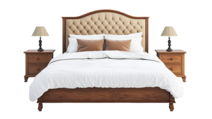 Elegant King Size Bed with Plush Headboard and Nightstand Ideal for Modern Bedrooms and Luxury Accommodation.