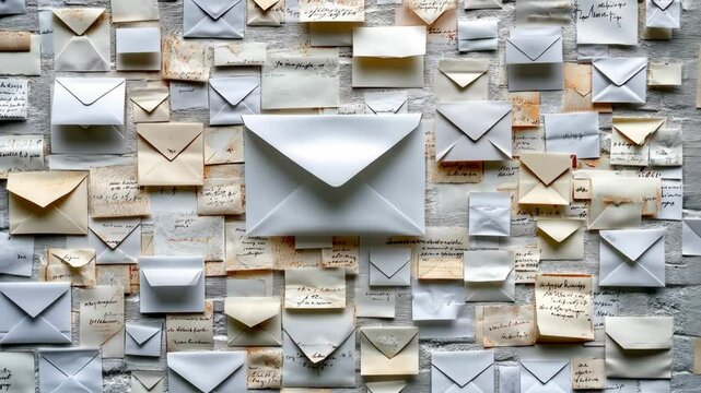 Vintage envelopes and letters arranged in a collage on a textured background showcasing a nostalgic theme