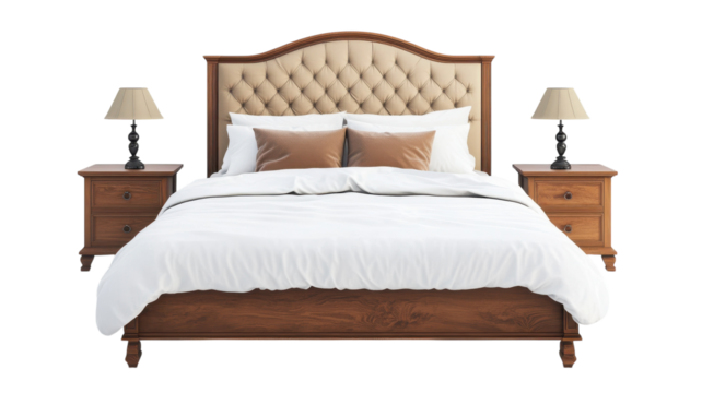 Elegant King Size Bed with Plush Headboard and Nightstand Ideal for Modern Bedrooms and Luxury Accommodation.