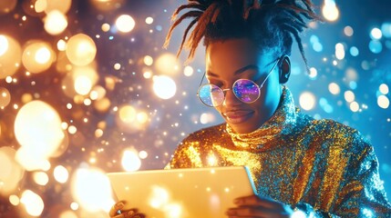 A stylish woman in glittering gold attire and reflective glasses, illuminated by vibrant bokeh lights, gazing at a glowing tablet.