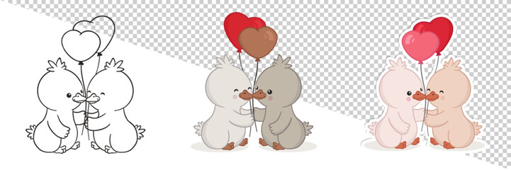 Set of hand drawn, outline illustration and sticker of two cute  ducklings holding heart-shaped balloons together celebrating Saint Valentine's Day. Kawaii art with various little ducks or geese